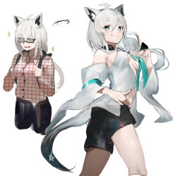 Rule 34 | 1girl, ahoge, alternate costume, animal ears, aqua neckwear, arrow (symbol), asymmetrical hair, backpack, bag, black bow, black pants, black shorts, blue eyes, blush, bow, braid, breasts, buttons, cleavage, closed mouth, coke-bottle glasses, collared shirt, commentary, cowboy shot, cropped legs, crossed bangs, detached sleeves, drooling, fox ears, fox girl, fox tail, glasses, hair between eyes, hair bow, highres, hololive, hood, hoodie, long hair, long sleeves, looking at viewer, medium breasts, midriff, multiple views, navel, opaque glasses, open mouth, pants, plaid, plaid shirt, ponytail, saliva, shirakami fubuki, shirakami fubuki (1st costume), shirt, short shorts, shorts, side braid, sideboob, silver hair, simple background, single braid, smile, sparkle, tail, thighs, virtual youtuber, wavy mouth, white background, white hoodie, wide sleeves, wing collar, yakihoko