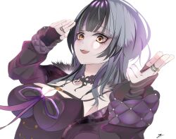 Rule 34 | 1girl, belt, black hair, breasts, choker, cleaveage, coat, dutch angle, finger gun, fur coat, hands up, highres, hololive, hololive english, jacket, large breasts, looking at viewer, multicolored hair, open mouth, ribbon, salute, shiori novella, smile, solo, virtual youtuber, white hair, yellow eyes