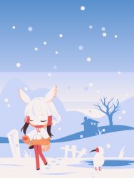 Rule 34 | 1girl, brown hair, chibi, closed eyes, closed mouth, cobalta, head wings, highres, japanese crested ibis (kemono friends), kemono friends, multicolored hair, pantyhose, red hair, red pantyhose, sidelocks, smile, snow, snowing, solo, white hair, wings