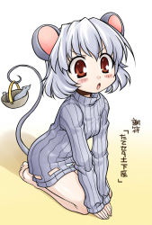Rule 34 | &gt;:o, 1girl, :o, akou roushi, alternate costume, animal ears, bare legs, barefoot, basket, blush, child, female focus, fingernails, full body, grey hair, holding, holding with tail, kneeling, mouse (animal), mouse ears, mouse tail, nazrin, panties, prehensile tail, red eyes, ribbed sweater, seiza, short hair, simple background, sitting, solo, sweater, tail, touhou, translation request, underwear, v-shaped eyebrows, v arms