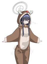 absurdres alternate_costume animal_costume animal_hood ass_shake bags_under_eyes bell blue_archive glasses hairband halo highres hood jingle_bell kilabo purple_hairband reindeer_costume reindeer_hood ui_(blue_archive)