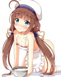Rule 34 | 10s, 1girl, absurdres, ahoge, aikawa ryou, all fours, apron, ass, bare shoulders, blue eyes, blush, breasts, brown hair, cleavage, commentary request, cream, cream on face, food, food on face, hair ornament, hair tubes, hat, highres, hinatsuru ai, long hair, looking at viewer, low twintails, naked apron, ryuuou no oshigoto!, simple background, small breasts, smile, solo, twintails, white background