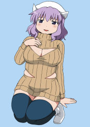Rule 34 | 1girl, black thighhighs, blue background, breasts, brown sweater, cleavage, cleavage cutout, clothing cutout, dot nose, dress, full body, hand on own chest, hat, highres, jitome, large breasts, letty whiterock, long sleeves, looking at viewer, medium hair, meme attire, millipen (medium), naked sweater, open-chest sweater, plump, poinikusu, purple eyes, purple hair, ribbed sweater, seiza, simple background, sitting, smile, solo, sweater, sweater dress, thighhighs, touhou, traditional media, turtleneck, waist cutout, white hat, zettai ryouiki