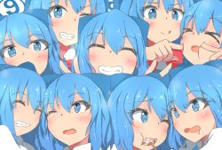 Rule 34 | 6+girls, :q, blue eyes, blue hair, blush, bow, bowtie, bright pupils, candy, cheek poking, circled 9, cirno, clone, commentary request, double v, drooling, closed eyes, food, grin, hair ribbon, head tilt, heads together, lollipop, looking at another, looking at viewer, mizune (winter), multiple girls, one eye closed, open mouth, poking, red neckwear, ribbon, smile, swirl lollipop, tongue, tongue out, touhou, upper body, v, white pupils