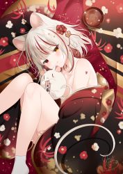 Rule 34 | 1girl, :q, animal, animal ear fluff, animal ears, bad id, bad pixiv id, bare shoulders, black kimono, brown eyes, chinese zodiac, closed mouth, collarbone, commentary request, dated, floral print, flower, hair flower, hair ornament, heterochromia, highres, japanese clothes, kimono, knees up, looking at viewer, lying, mafuyu (chibi21), mouse (animal), mouse ears, multicolored hair, no shoes, off shoulder, on side, original, print kimono, red eyes, red flower, red hair, signature, smile, solo, streaked hair, tabi, thighs, tongue, tongue out, white hair, white legwear, year of the rat