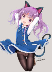 Rule 34 | 1girl, :d, alice gear aegis, animal ears, arms up, blue dress, blush, brown footwear, brown pantyhose, cat ears, cat girl, cat tail, circle skirt, collared dress, collared shirt, commentary request, dress, fang, female focus, frilled dress, frills, full body, gluteal fold, grey background, head tilt, highres, ichijou ayaka, loafers, looking at viewer, open mouth, panties, panties under pantyhose, pantyhose, purple eyes, purple hair, shirt, shoes, simple background, sleeveless, sleeveless dress, smile, solo, tail, tamayan, thigh gap, thighband pantyhose, twintails, twitter username, underwear, v-shaped eyebrows, white shirt
