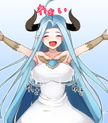 Rule 34 | 1girl, ahoge, armpits, bare shoulders, blue background, blue hair, blush, bouncing breasts, breasts, bridal gauntlets, choker, closed eyes, collarbone, commentary request, cowboy shot, draph, dress, gem, gradient background, granblue fantasy, horns, jewelry, large breasts, long hair, lyria (granblue fantasy), motion lines, open mouth, outstretched arms, pointy ears, short dress, simple background, sleeveless, sleeveless dress, smile, solo, strapless, strapless dress, tagme, tenken (gotannda), white dress