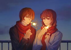 Rule 34 | 1boy, 1girl, absurdres, black jacket, brown hair, chinese commentary, chuanlinanjiana, closed mouth, commentary request, fireworks, highres, holding, holding fireworks, jabuchi you, jacket, long sleeves, open clothes, open jacket, outdoors, red scarf, red shirt, saibou shinkyoku, scarf, shirt, sky, smile, sparkler, white jacket, yanagi nina