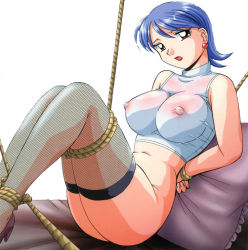Rule 34 | 1girl, arms behind back, bare shoulders, bdsm, black eyes, blue hair, blush, bondage, bound, breasts, chuuka naruto, covered erect nipples, earrings, jewelry, large breasts, legs, looking at viewer, navel, nipples, no bra, no panties, open mouth, pillow, rope, see-through, short hair, simple background, sitting, solo, thighhighs, thighs, white background