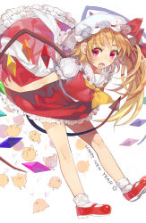 Rule 34 | 1girl, ascot, bare legs, bird, blonde hair, chicken, flandre scarlet, full body, hat, hat ribbon, highres, leaning forward, long hair, looking at viewer, mob cap, open mouth, puffy short sleeves, puffy sleeves, red eyes, red footwear, red ribbon, red skirt, ribbon, shoes, short sleeves, side ponytail, simple background, skirt, skirt set, socks, solo, touhou, vest, white background, white socks, wings, yana mori