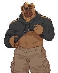 Rule 34 | 1boy, aggressive retsuko, animal ears, bara, black hoodie, brown shorts, cargo shorts, claws, closed eyes, clothes lift, commentary, dog boy, dog ears, dokachin (aggretsuko), furry, furry male, glasses, highres, hood, hoodie, hoodie lift, looking at viewer, male focus, open mouth, pawpads, sharp teeth, shorts, smile, teeth, thick eyebrows, toned, toned male, zoyu (wuedti)