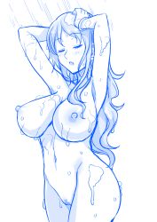 Rule 34 | 1girl, blue theme, breasts, censored, earrings, closed eyes, haruhisky, highres, jewelry, monochrome, nami (one piece), nipples, one piece, pussy, showering, simple background, white background