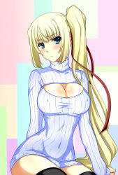 Rule 34 | 10s, 1girl, black thighhighs, blonde hair, blue eyes, blush, breasts, cleavage, cleavage cutout, clothing cutout, covered navel, hair ribbon, highres, kenken, large breasts, limalisha, long hair, looking at viewer, madan no ou to vanadis, meme attire, navel, open-chest sweater, ribbed sweater, ribbon, side ponytail, sitting, solo, sweater, thighhighs, very long hair