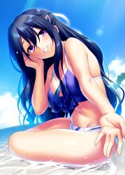 Rule 34 | 1girl, bikini, black hair, blue bikini, blue sky, blush, breasts, cleavage, commentary request, commission, day, double-parted bangs, eyelashes, eyes visible through hair, frilled bikini, frills, groin, hair between eyes, hair ornament, hair ribbon, hairclip, half updo, halterneck, hand in own hair, hand on own face, hand up, head tilt, highres, horizon, izanami kyouko, kamisama ni natta hi, large breasts, leaning forward, light rays, long hair, looking at viewer, mismatched bikini, navel, ocean, open hand, open mouth, outdoors, outstretched arms, parted lips, purple eyes, reaching, reaching towards viewer, ribbon, second-party source, sidelocks, sitting, skeb commission, skindentation, sky, smile, solo, swimsuit, very long hair, water, wavy hair, wet, white ribbon, zen (kamuro)