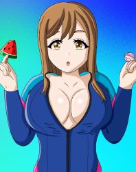Rule 34 | 1girl, :o, artist name, artist request, blue background, blue bodysuit, blue one-piece swimsuit, blush, bodysuit, breasts, brown eyes, brown hair, cleavage, female focus, food, fruit, hair between eyes, hair over shoulder, holding, holding food, kunikida hanamaru, large breasts, light brown hair, long hair, looking at viewer, love live!, love live! school idol festival, love live! sunshine!!, matching hair/eyes, no bra, one-piece swimsuit, parted lips, popsicle, smile, solo, swimsuit, unzipped, upper body, watermelon, watermelon bar, watermelon slice, yellow eyes, zipper, zipper pull tab