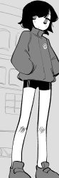 Rule 34 | 1girl, :3, bare legs, bike shorts, blush, closed mouth, from below, from side, greyscale, hands in pockets, high collar, highres, injury, jacket, legs, legs apart, light smile, long legs, long sleeves, looking at viewer, looking down, looking to the side, monochrome, no nose, no pupils, no socks, organsoup, original, outdoors, puffy long sleeves, puffy sleeves, scrape, scraped knee, shoes, short hair, skinny, slim legs, sneakers, solo, standing, swept bangs, zipper pull tab