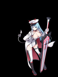 Rule 34 | 1girl, aqua hair, black choker, black footwear, blue eyes, boots, breasts, choker, cleavage, closed mouth, closers, coat, demon horns, demon tail, dress, fake horns, fake tail, frown, gloves, greatsword, halterneck, hand on own hip, hat, highres, holding, holding sword, holding weapon, horns, knee boots, large breasts, leaning forward, long hair, long sleeves, looking at viewer, non-web source, official art, open clothes, open coat, peaked cap, pelvic curtain, short dress, sleeveless, sleeveless dress, solo, spaghetti strap, sword, tail, thigh strap, thighhighs, thighs, v-shaped eyebrows, very long hair, violet (closers), weapon, white coat, white dress, white gloves, white hat, white thighhighs, wing collar, zettai ryouiki