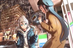 Rule 34 | 2girls, beanie, beret, black hair, black headwear, blue eyes, blue jacket, brown coat, building, can, canned coffee, car, christmas lights, city, closed mouth, coat, commentary request, convenience store, drawstring, drink can, dutch angle, fang, grey hair, hat, highres, hood, hood down, hoodie, jacket, long hair, long sleeves, looking at another, michinoku (hiking miusan18), motor vehicle, multiple girls, night, original, outdoors, shop, short hair, smile, surprised, sweatdrop, tree, white headwear, white hoodie, winter clothes