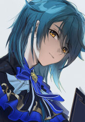 1boy alternate_hairstyle blue_bow blue_hair book bow closed_mouth comcom_(comcomhey) commentary english_commentary genshin_impact hair_between_eyes highres looking_at_viewer male_focus orange_eyes signature simple_background solo upper_body xingqiu_(bamboo_rain)_(genshin_impact) xingqiu_(genshin_impact)