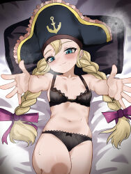Rule 34 | 1girl, absurdres, bed, bed sheet, blonde hair, blue eyes, blush, braid, commission, hat, highres, long hair, low-braided long hair, low-tied long hair, navel, patty fleur, pillow, pirate, pirate hat, reaching, reaching towards viewer, smile, solo, steam, sweat, tales of (series), tales of vesperia, twin braids, underwear, zd (pixiv6210083)