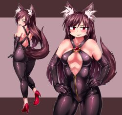 Rule 34 | 1girl, alternate costume, animal ear fluff, animal ears, ass, back, black gloves, black overalls, blush, breasts, brown background, brown hair, commentary request, commission, contrapposto, cowboy shot, elbow gloves, full body, gloves, hair between eyes, hands on own hips, high heels, imaizumi kagerou, long hair, looking at viewer, looking back, medium bangs, medium breasts, multicolored hair, multiple views, open mouth, outline, overalls, red eyes, red footwear, shimizu pem, shiny skin, skeb commission, smile, standing, tail, touhou, two-tone hair, v-shaped eyebrows, white outline, wolf ears, wolf girl, wolf tail, zipper