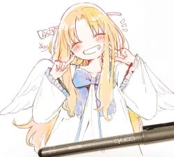 Rule 34 | 1girl, ^ ^, angel wings, art tools in frame, blonde hair, blue bow, blush, bow, closed eyes, collarbone, dress, facing viewer, feathered wings, filo (tate no yuusha no nariagari), fingernails, fingers to cheeks, forehead, grey background, grin, hands up, head tilt, long hair, long sleeves, parted bangs, photo (medium), signature, simple background, smile, sofra, solo, tate no yuusha no nariagari, traditional media, upper body, very long hair, white dress, white wings, wide sleeves, wings