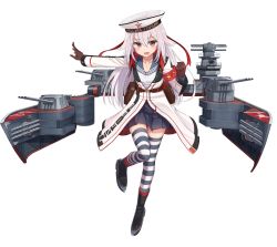 Rule 34 | 1girl, absurdres, armband, breasts, cannon, character name, coat, full body, hammer and sickle, hat, highres, long hair, military hat, original, outstretched arm, russian text, sailor collar, shirt, silver hair, simple background, small breasts, solo, soviet flag, standing, standing on one leg, star (symbol), striped clothes, striped shirt, striped thighhighs, telnyashka, thighhighs, torpedo, torpedo tubes, turret, white background, white coat, white hat, yakob labo, zipper