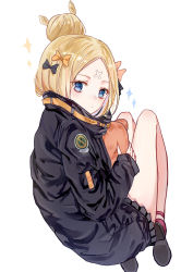 Rule 34 | 1girl, :o, abigail williams (fate), abigail williams (traveling outfit) (fate), black bow, black jacket, blonde hair, blue eyes, blush, bow, commentary, crossed bandaids, fate/grand order, fate (series), hair bow, hair bun, highres, holding, holding stuffed toy, jacket, long hair, long sleeves, looking at viewer, looking back, official alternate costume, orange bow, parted bangs, parted lips, polka dot, polka dot bow, red footwear, shoe soles, shoes, single hair bun, sitting, sleeves past wrists, solo, sparkle, stuffed animal, stuffed toy, teddy bear, white background, yutsuki (pixiv4894196)