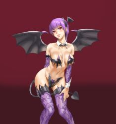 Rule 34 | 1girl, alternate costume, arm behind back, athenawyrm, ayane (doa), bare shoulders, bat hair ornament, blush, breasts, cleavage, collarbone, dead or alive, demon girl, demon tail, demon wings, detached collar, detached sleeves, female focus, gradient background, hair ornament, large breasts, looking at viewer, navel, neck, parted lips, purple detached sleeves, purple hair, purple thighhighs, red eyes, revealing clothes, short hair, smile, solo, standing, tail, tecmo, thighhighs, wings