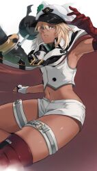 Rule 34 | 1girl, armpits, bandages, belt, blonde hair, cape, dark-skinned female, dark skin, fingerless gloves, gauss &lt;bokashi, gloves, guilty gear, guilty gear strive, hair between eyes, hat, highres, long hair, looking at viewer, midriff, military hat, navel, ramlethal valentine, short shorts, shorts, simple background, solo, stomach, thick thighs, thigh strap, thighs, white background, white cape, white gloves