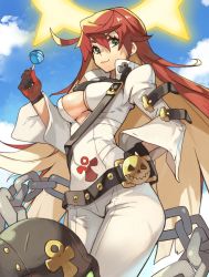Rule 34 | belt, belt buckle, blonde hair, bodysuit, breasts, buckle, chain, cleavage, spiked halo, gloves, green eyes, guilty gear, guilty gear strive, halo, highres, jack-o&#039; valentine, long hair, multicolored hair, red gloves, red hair, solo, two-tone hair, very long hair, white bodysuit