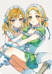 1boy 1girl apron blonde_hair blue_eyes boots breasts carrying carrying_person cleavage corset crossdressing didi_en_ilu garter_straps gloves green_eyes hair_ornament hairclip link maid maid_apron maid_headdress nintendo pointy_ears princess_zelda smile the_legend_of_zelda the_legend_of_zelda:_breath_of_the_wild the_legend_of_zelda:_tears_of_the_kingdom thighhighs twintails