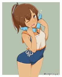 Rule 34 | 10s, 1girl, bottle, brown eyes, brown hair, capriccyo, highres, i-401 (kancolle), kantai collection, looking at viewer, one-piece swimsuit, one-piece tan, one eye closed, open mouth, ponytail, ramune, sailor collar, school swimsuit, short ponytail, solo, swimsuit, swimsuit under clothes, tan, tanline