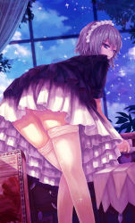 Rule 34 | 1girl, ass, blue dress, blue eyes, bow, braid, cloud, commentary request, curtains, dead line, dress, feet out of frame, from behind, from below, grey bow, hair between eyes, hair bow, highres, holding, indoors, izayoi sakuya, leaning forward, looking at viewer, looking back, maid, maid headdress, night, night sky, parted lips, petticoat, plant, puffy short sleeves, puffy sleeves, revision, short hair, short sleeves, silver hair, skindentation, sky, solo, sparkle, standing, thighhighs, thighs, touhou, white thighhighs, window, zettai ryouiki