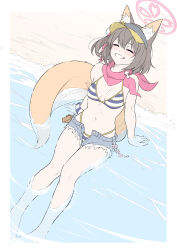 Rule 34 | 1girl, animal ears, arm support, bikini, blue archive, border, breasts, brown hair, closed eyes, commentary, denim, denim shorts, fox ears, fox girl, fox tail, grey shorts, grin, halo, highres, izuna (blue archive), izuna (swimsuit) (blue archive), masabodo, medium breasts, navel, neckerchief, ocean, official alternate costume, open fly, pink halo, pink neckerchief, short hair, short shorts, shorts, sitting, smile, solo, stomach, striped bikini, striped clothes, swimsuit, tail, thighs, white border