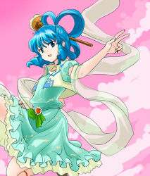 Rule 34 | 1girl, alphes (style), blue eyes, blue hair, dress, female focus, hair ornament, hair rings, hair stick, kaku seiga, matching hair/eyes, nanami sano, open mouth, outstretched arm, parody, shawl, solo, style parody, touhou, vest