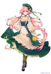 Rule 34 | 1girl, age of ishtaria, apron, black footwear, blush, braid, brandt (age of ishtaria), breasts, choker, cleavage, clothing cutout, dress, flower, frilled apron, frills, full body, green choker, green dress, green hat, hair flower, hair ornament, hat, highres, holding, holding clothes, holding flower, large breasts, loafers, long hair, long sleeves, looking at viewer, low twintails, munlu (wolupus), official art, pink hair, puffy long sleeves, puffy sleeves, purple eyes, ribbon choker, shoes, simple background, solo, standing, twintails, white apron, white background