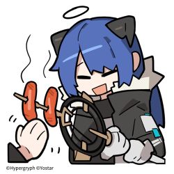 Rule 34 | 1girl, :d, = =, arknights, black jacket, blue hair, chibi, commentary request, company name, cropped torso, food, fur-trimmed jacket, fur trim, gloves, halo, holding, holding staff, horns, jacket, line (naver), long hair, long sleeves, looking at another, mostima (arknights), official art, open clothes, open jacket, open mouth, sausage, simple background, skewer, smile, staff, watermark, waving, white background, white gloves