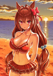 Rule 34 | 1girl, :o, absurdres, animal ears, beach, bikini, bikini skirt, blush, bow, breasts, brown hair, cleavage, cloud, commentary, daiwa scarlet (trifle vacation) (umamusume), daiwa scarlet (umamusume), female focus, hair between eyes, hair bobbles, hair bow, hair ornament, highres, horse ears, horse girl, horse tail, huge filesize, large breasts, long hair, looking at viewer, low twintails, navel, ocean, official alternate costume, outdoors, purple eyes, red bikini, red bow, sankun nomura age, solo, sunset, sweat, swimsuit, tail, twintails, umamusume, very long hair