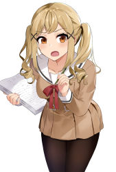Rule 34 | 10s, 1girl, asato (fadeless), bang dream!, black pantyhose, blonde hair, blush, brown dress, brown eyes, commentary request, dress, hair ornament, hanasakigawa school uniform, highres, holding, holding paper, holding pencil, ichigaya arisa, leaning forward, long hair, long sleeves, looking at viewer, neck ribbon, open mouth, pantyhose, paper, pencil, pleated dress, red ribbon, ribbon, sailor dress, school uniform, sidelocks, simple background, solo, standing, twintails, v-shaped eyebrows, white background, x hair ornament