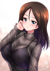 Rule 34 | 1girl, black hair, blue eyes, blush, breasts, cleavage, collarbone, covered erect nipples, dated, girls und panzer, highres, kamogawa tanuki, large breasts, long hair, looking at viewer, nonna (girls und panzer), see-through, signature, smile, solo, twitter username, upper body