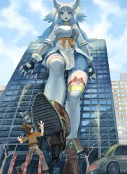 Rule 34 | 1boy, 1girl, animal ears, artist request, bare shoulders, bell, blue sky, boots, branch, breasts, building, car, cloud, cloudy sky, colored skin, day, detached sleeves, fingerless gloves, giant, giantess, gloves, green eyes, grey skin, heels, japanese clothes, large breasts, long hair, looking down, motor vehicle, open mouth, original, pale skin, scared, shoes, shorts, size difference, sky, soles, spiked hair, surprised, tall female, tree, white hair