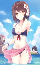 Rule 34 | 10s, 2015, 3girls, alternate costume, aoba (kancolle), bare legs, bare shoulders, bikini, black bikini, black hair, bracelet, breasts, brown hair, camera, cleavage, closed eyes, cloud, cloudy sky, commentary request, dated, day, floating hair, flower, front-tie top, furutaka (kancolle), glowing, glowing eye, hair flower, hair ornament, hair over one eye, hairclip, hand on own head, heterochromia, hibiscus, jewelry, kabocha torute, kako (kancolle), kantai collection, light smile, md5 mismatch, medium breasts, multiple girls, navel, open mouth, partially submerged, peeking, pink hair, ponytail, ring, rock, sarong, short hair, side-tie bikini bottom, sky, sleeping, standing, striped bikini, striped clothes, swept bangs, swimsuit, thigh gap, wading, wedding band, wrist cuffs, yellow eyes