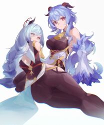 Rule 34 | 2girls, ass, blue eyes, blue hair, bodystocking, braid, breasts, closed mouth, detached sleeves, feet out of frame, ganyu (genshin impact), genshin impact, highres, horns, large breasts, light blue hair, long braid, long hair, looking at viewer, looking back, lying, multiple girls, on side, orange eyes, shenhe (genshin impact), simple background, single braid, sitting, skirt, sleeves past fingers, sleeves past wrists, themoonstarsandyou, very long hair, white background, white skirt