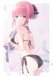 Rule 34 | 1girl, 6u (eternal land), alternate hairstyle, ass, back, bare arms, bare shoulders, bikini, black bikini, blue eyes, breasts, bubble, bug, butterfly, closed mouth, cowboy shot, go-toubun no hanayome, hair ornament, hat, hat ribbon, holding, holding clothes, holding hat, insect, long hair, looking at viewer, looking to the side, medium breasts, nakano nino, pink hair, ponytail, ribbon, side-tie bikini bottom, sidelocks, solo, standing, sun hat, swimsuit, thighs, twitter username, unworn hat, unworn headwear
