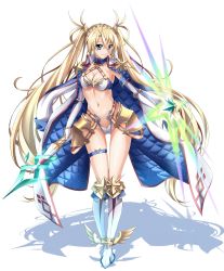 Rule 34 | 1girl, absurdres, armored skirt, bikini, blonde hair, blue eyes, boots, bradamante (fate), bradamante (third ascension) (fate), braid, breasts, capelet, cleavage, closed mouth, commentary, crown braid, elbow gloves, energy barrier, energy shield, fate/grand order, fate (series), gloves, gluteal fold, highres, holding, holding lance, holding polearm, holding weapon, knee boots, lance, long hair, looking at viewer, medium breasts, navel, overskirt, polearm, shadow, simple background, smile, solo, standing, swimsuit, thigh strap, twintails, two side up, very long hair, weapon, white background, white bikini, white capelet, white footwear, white gloves, yorousa (yoroiusagi)