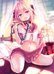 Rule 34 | 1boy, :d, astolfo (fate), astolfo (sailor paladin) (fate), bed, blush, braid, chain, chain leash, clothes lift, collar, commentary request, crop top, curtains, fang, fate/grand order, fate (series), full body, groin, hair ribbon, haruka natsuki, highres, indoors, leash, lifted by self, long hair, looking at viewer, male focus, midriff, navel, no shoes, official alternate costume, open mouth, pillow, pink hair, pleated skirt, purple eyes, ribbon, room, school uniform, serafuku, short sleeves, single braid, sitting, skirt, skirt lift, smile, solo, thighhighs, trap, wariza, white thighhighs, window