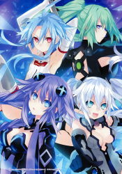 Rule 34 | 4girls, absurdres, ahoge, armpits, arms up, bare shoulders, black heart (neptunia), blanc (neptunia), blue background, breasts, bright pupils, cleavage, cleavage cutout, clothing cutout, cowboy shot, flat chest, frown, glowing, green hair, green heart (neptunia), grid background, hair between eyes, hair ornament, half-closed eyes, halterneck, highres, invisible chair, kami jigen game neptune v, large breasts, legs together, leotard, long hair, looking at viewer, looking back, multiple girls, neon trim, neptune (neptunia), neptune (series), noire (neptunia), official art, open mouth, parted bangs, parted lips, ponytail, power symbol, power symbol-shaped pupils, purple eyes, purple hair, purple heart (neptunia), red eyes, scan, short hair with long locks, simple background, sitting, sleeveless, smile, surprised, symbol-shaped pupils, thighhighs, tsunako, twintails, v-shaped eyebrows, vert (neptunia), white hair, white heart (neptunia), white legwear