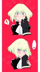 Rule 34 | !, 1boy, blush, ascot, gloves, heart, highres, lio fotia, looking at viewer, male focus, promare, purple eyes, red background, simple background, solo focus, spoken exclamation mark, spoken heart, trap, unakura