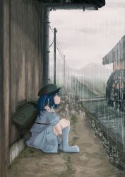 Rule 34 | 1girl, aki tsui, backpack, bag, blue eyes, blue hair, boots, canal, cloud, cloudy sky, full body, hair bobbles, hair ornament, hat, highres, kawashiro nitori, looking up, matching hair/eyes, mountain, mud, on ground, path, industrial pipe, power lines, profile, puffy sleeves, rain, road, rooftop, rubber boots, shirt, short sleeves, sitting, skirt, skirt set, sky, solo, touhou, twintails, two side up, utility pole, wall, water, water wheel, wooden wall